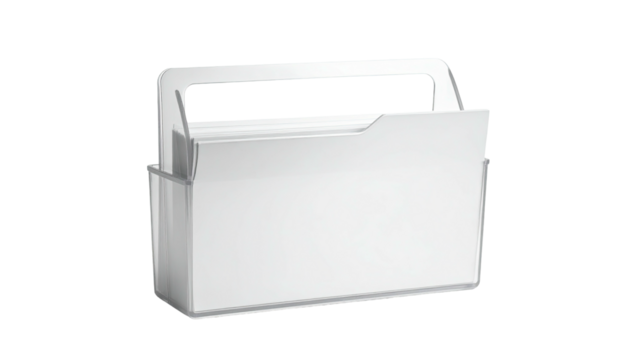 A white box-shaped container with a handle and an open top, on a black background