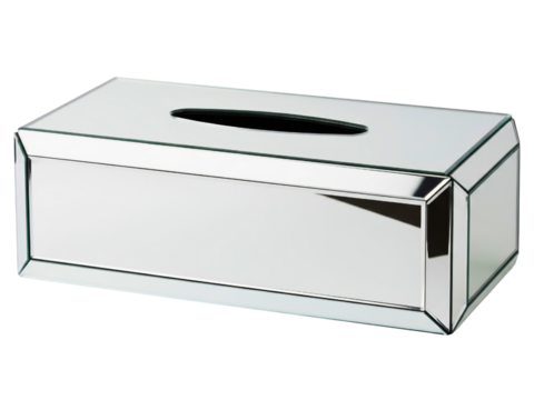 Modern rectangular tissue box cover made of mirrored glass on a transparent background