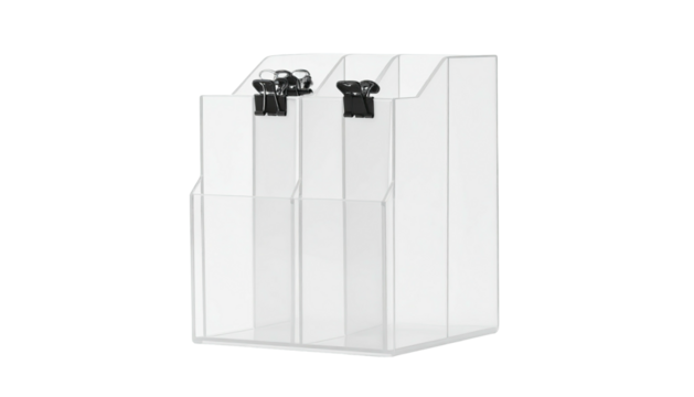 Clear acrylic desk organizer with tiered compartments holding binder clips