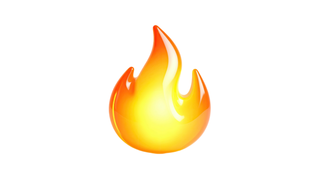 A glowing, stylized flame with orange, yellow, and red hues, against black