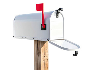 White mailbox on wooden post, slightly angled, red flag