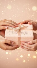 Delicate hands offering a softly textured gift amidst sparkling bokeh