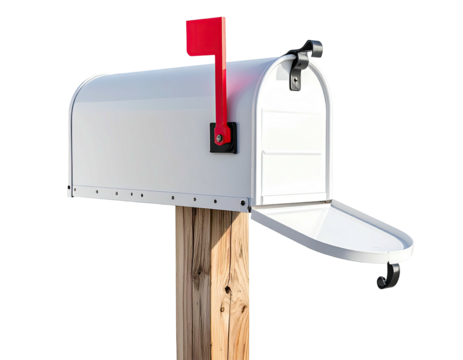 White mailbox on wooden post, slightly angled, red flag