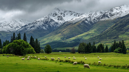 Naklejka premium Sheep graze across a tranquil meadow backed by snowy mountains