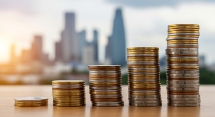 Growing financial success: stacks of coins against urban skyline for investment strategy