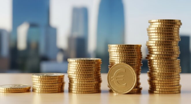Growing euro coins concept against a modern city skyline - Powered by Adobe
