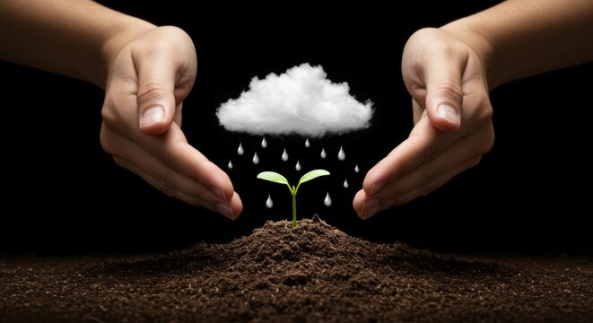 Growth and nurture concept with young plant in soil protected by hands and cloud with raindrops
