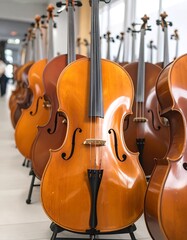 Naklejka premium Close-up of cellos in a row. Rows of polished musical instruments