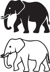 Two Elephants Silhouette Vector, Black Solid and White Outline Animal Design