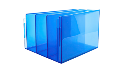 Transparent blue rectangular storage containers, slightly angled, set on a black background