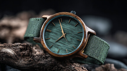 Sustainable wristwatch featuring a green fabric strap and wooden casing, highlighted in close-up against a dark textured surface with a natural wood-grain dial.