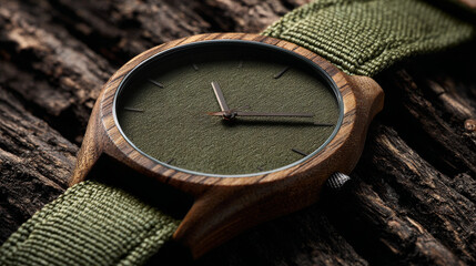 Sustainable wristwatch featuring a green fabric strap and wooden casing, highlighted in close-up against a dark textured surface with a natural wood-grain dial.