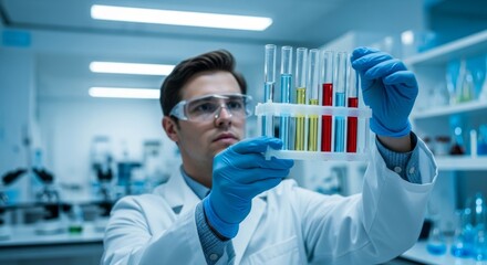 Scientist analyzing colorful chemical samples in modern laboratory setting