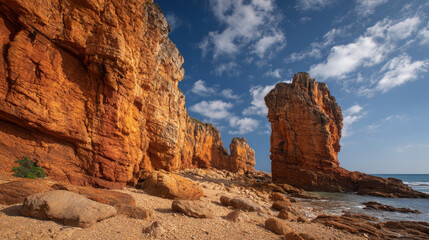 Fototapeta premium The striking orange cliffs display intricate erosion and rugged natural textures
