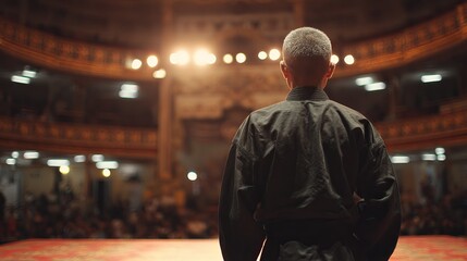 Fototapeta premium Martial artist in large hall, focused on performance