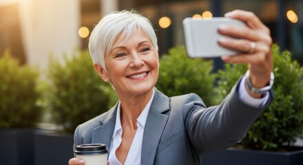 Senior woman enjoying outdoor coffee break and taking selfie in business attire