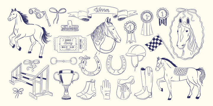 Collection of outline equestrian equipment illustrations. Elegant horse racing sketch elements. Vintage saddle, horseshoe, barrier, helmet, awards. Vector design