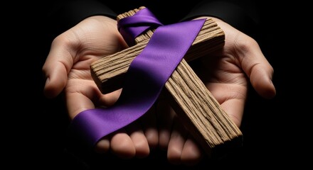 Wooden cross draped in a purple ribbon, gently held in cupped human hands