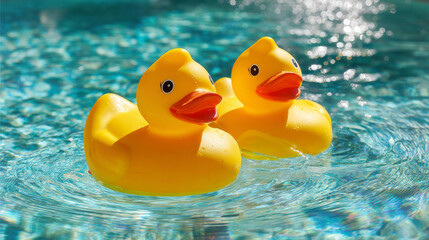 Pair of yellow rubber ducks floating together in a pool.