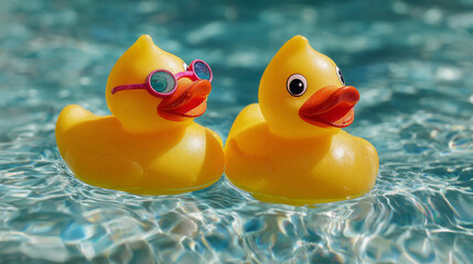 Pair of yellow rubber ducks floating together in a pool.