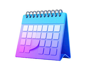 3D rendering of a vibrant blue and purple desk calendar with metallic spiral binding