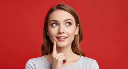 Woman thinking and smiling against a red background for creative inspiration and ideas