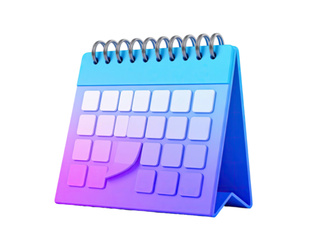 3D rendering of a vibrant blue and purple desk calendar with metallic spiral binding