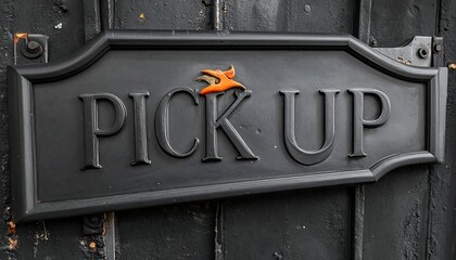 Close-up of a black sign that reads "PICK UP