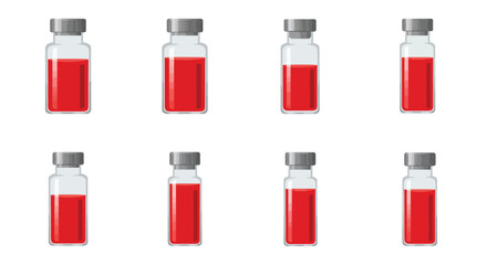 Eight small glass vials containing red liquid arranged in two rows