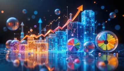 Obraz premium A digital illustration depicting financial growth, charts, and data visualizations with an upward trend.