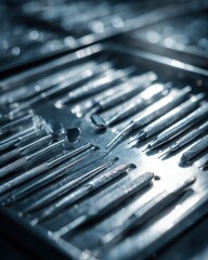 Stainless dental instruments arranged neatly on a sterile tray.