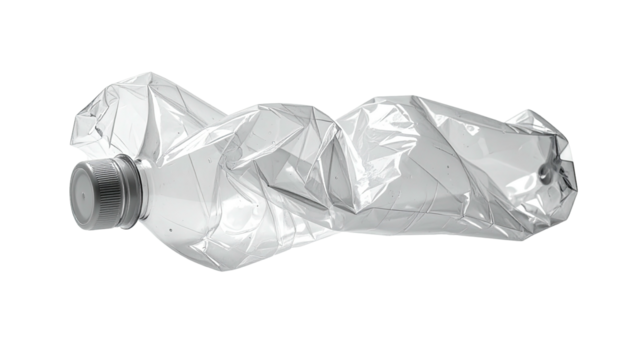 Severely crushed, transparent plastic bottle on black background, caps intact