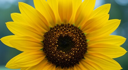 Vibrant sunflower close up showcasing yellow petals and dark center against a blurred background
