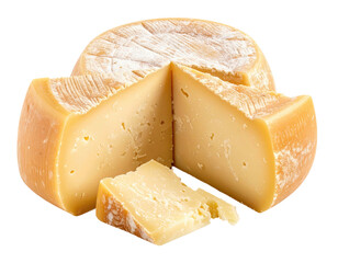 Round cheese wheel, sliced, showing pale yellow interior, dusted with white powder