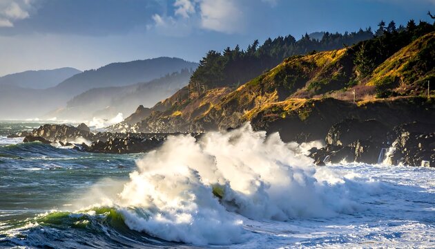 Powerful waves crashing on rocky coast