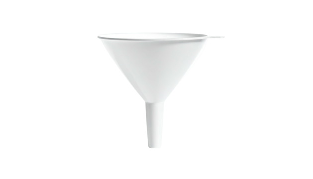 White plastic conical tool with a wide rim and narrow spout, on a black background