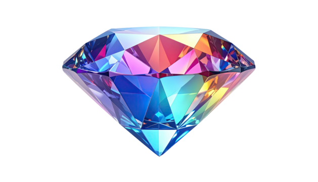 A vibrant, multi-faceted gemstone sparkles with radiant hues against a black backdrop