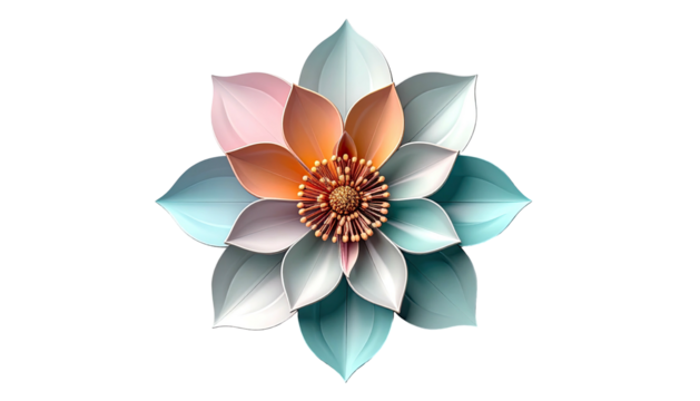 Detailed floral graphic with layered pastel petals and a detailed central stamen