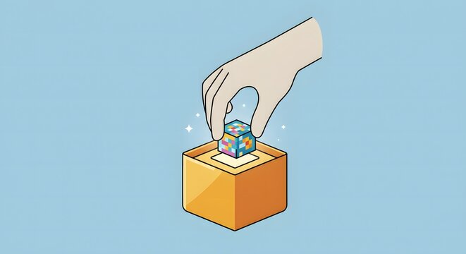 Hand carefully placing a glowing, unique block onto a golden box, an illustration symbolizing digital assets, innovation, and secure value creation or transfer