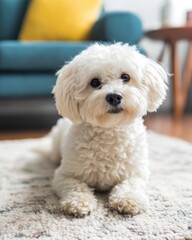A friendly dog sits on a cozy rug in a bright modern living room.