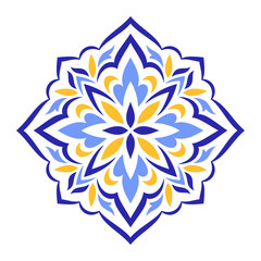 Mediterranean blue yellow floral motif on white background. Ethnic design for ceramic tile. Traditional Portuguese, Moroccan, Spanish ornament. Vector illustration