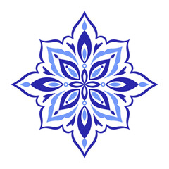 Mediterranean blue motif on white background. Traditional ethnic Portuguese, Moroccan, Spanish ornament, mosaic design. Vector illustration