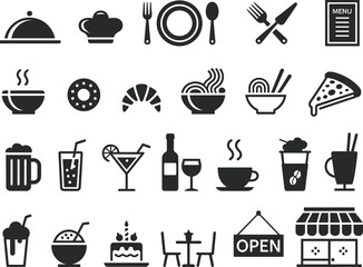 Food icons, restaurant silhouettes, dining symbols, chef hat, pizza slice, beer mug, cocktail glass, coffee cup, birthday cake, storefront, menu board, donut, croissant, noodles bowl