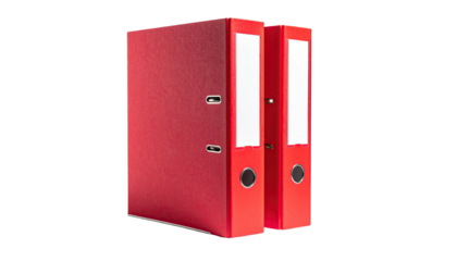 Two red ring binders standing on end, isolated with black background