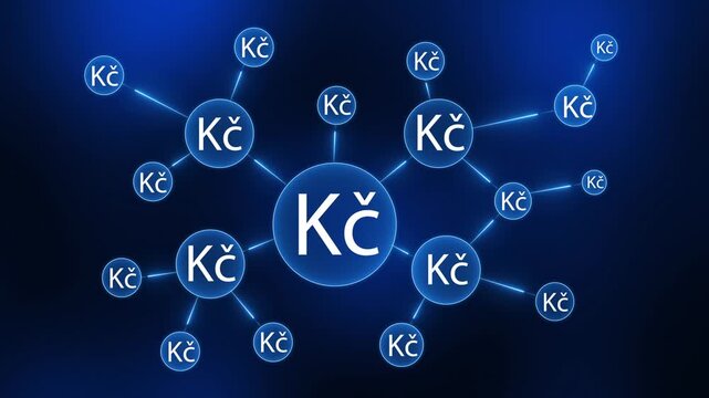 Blue network of Kč currency symbols connected by glowing lines on a dark blue background connection finance