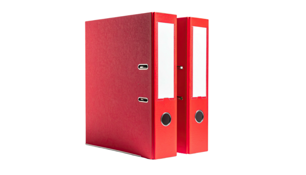 Two red ring binders standing on end, isolated with black background