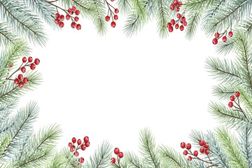 Vector art of watercolor frame with fir branches and red berries perfect for christmas and new year cards, invitations, posters, and other designs