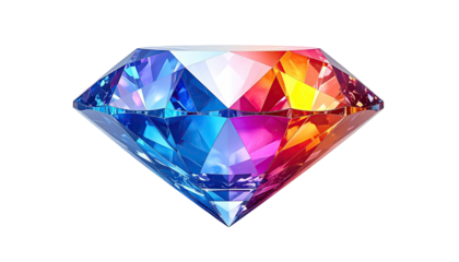 Faceted gem with iridescent rainbow coloring against a stark black background