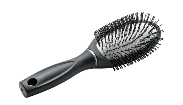 Dark-handled hairbrush with black and white bristles, set against a black backdrop