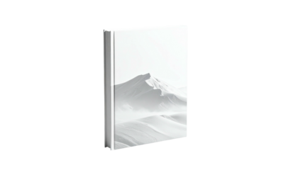 White book displaying an image of a monochrome snow-covered mountain range